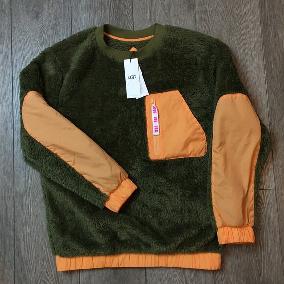 NWT $128 UGG Niko Women Sherpa Crewneck Pullover Olive Green/Orange Sz XS - Picture 1 of 16
